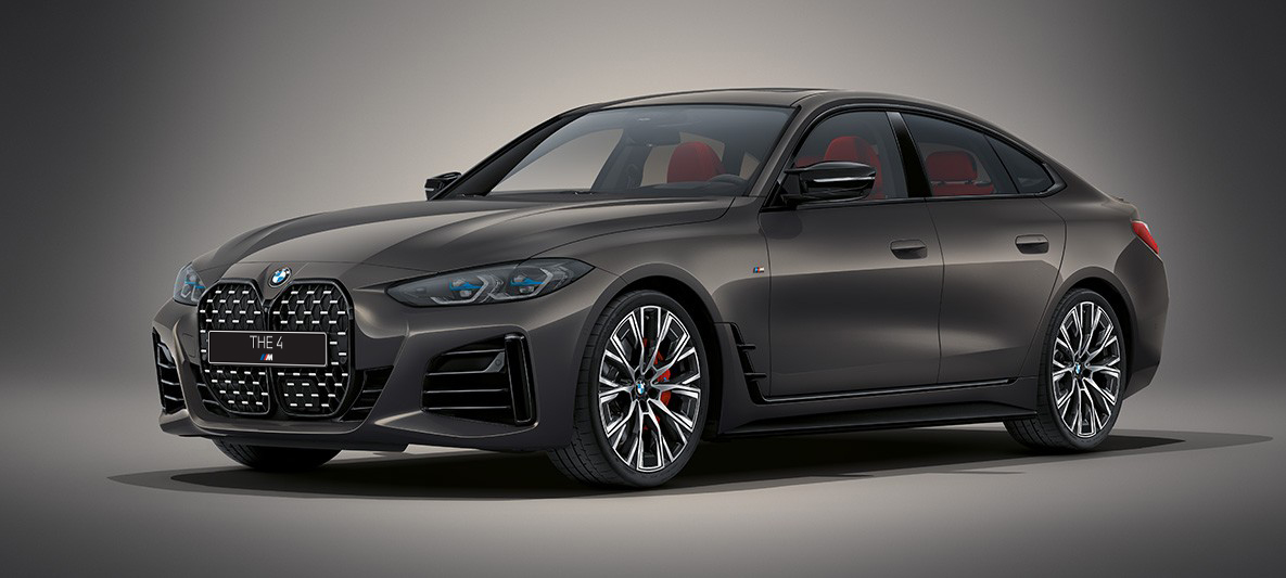 BMW 4 серии Gran Coupe G26 "BMW Individual Серый Дравит металлик", вид спереди в три четверти в статике